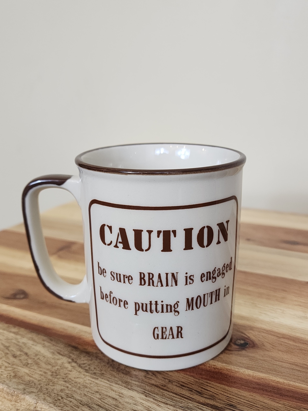 Vintage 80s Japan Novelty Caution Brain Engaged Before Mouth In Gear Coffee Mug